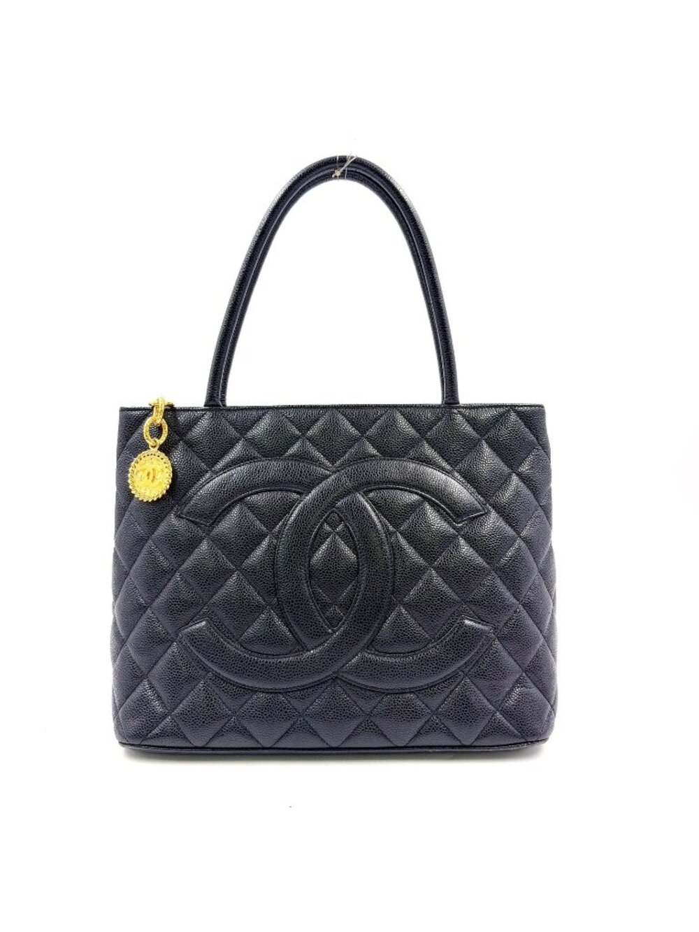 Chanel CC Logo Reprint Caviar Leather Black Tote Bag Gold
